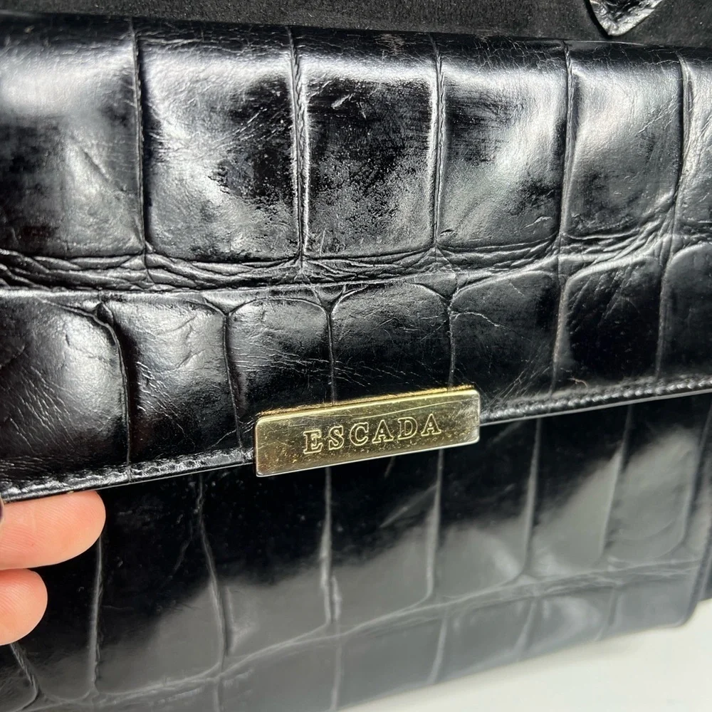 Escada Black Croc Embossed Leather Suede Pocket Structured Satchel Tote Bag